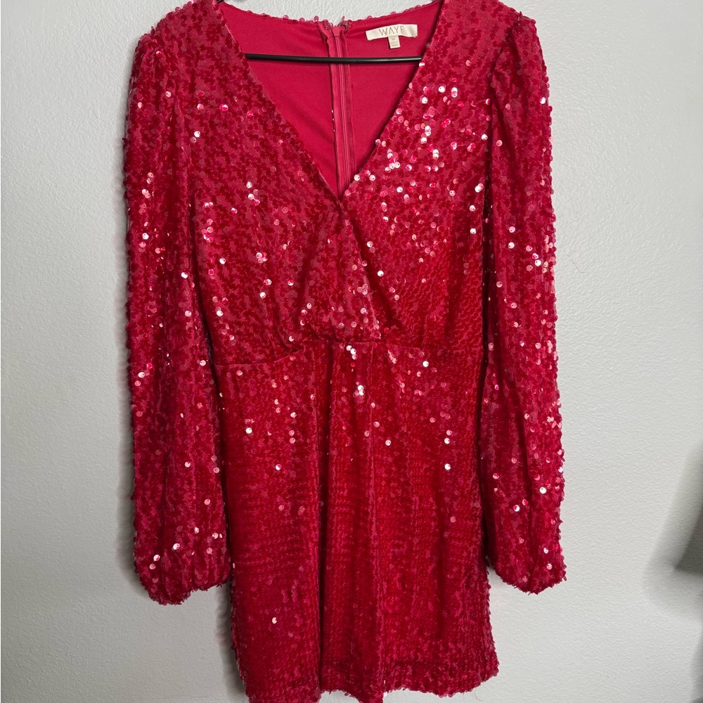 Wayf pink Sequin Long Sleeve Dress